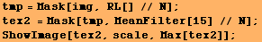 tmp = Mask[img, RL[] // N] ; tex2 = Mask[tmp, MeanFilter[15] // N] ; ShowImage[tex2, scale, Max[tex2]] ; 