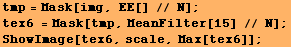 tmp = Mask[img, EE[] // N] ; tex6 = Mask[tmp, MeanFilter[15] // N] ; ShowImage[tex6, scale, Max[tex6]] ; 