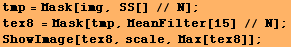 tmp = Mask[img, SS[] // N] ; tex8 = Mask[tmp, MeanFilter[15] // N] ; ShowImage[tex8, scale, Max[tex8]] ; 