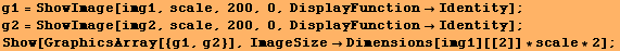 g1 = ShowImage[img1, scale, 200, 0, DisplayFunctionIdentity] ; g2 = ShowImage[img2, sc ... 4;Identity] ; Show[GraphicsArray[{g1, g2}], ImageSizeDimensions[img1][[2]] * scale * 2] ; 