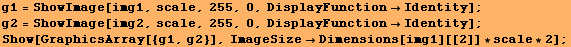 g1 = ShowImage[img1, scale, 255, 0, DisplayFunctionIdentity] ; g2 = ShowImage[img2, sc ... 4;Identity] ; Show[GraphicsArray[{g1, g2}], ImageSizeDimensions[img1][[2]] * scale * 2] ; 