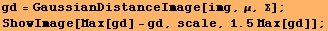 gd = GaussianDistanceImage[img, μ, Σ] ; RowBox[{RowBox[{ShowImage, [, RowBox[{Max[gd] - gd, ,, scale, ,, RowBox[{1.5,  , Max[gd]}]}], ]}], ;}] 