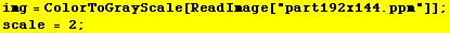 img = ColorToGrayScale[ReadImage["part192x144.ppm"]] ; scale = 2 ; 