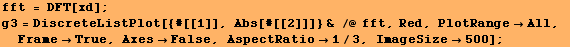 fft = DFT[xd] ; g3 = DiscreteListPlot[{#[[1]], Abs[#[[2]]]} & /@ fft, Red, PlotRangeAll, FrameTrue, AxesFalse, AspectRatio1/3, ImageSize500] ; 