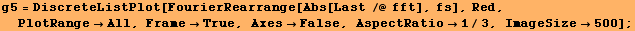 g5 = DiscreteListPlot[FourierRearrange[Abs[Last /@ fft], fs], Red, PlotRangeAll, FrameTrue, AxesFalse, AspectRatio1/3, ImageSize500] ;