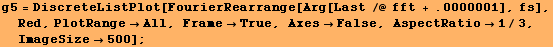 g5 = DiscreteListPlot[FourierRearrange[Arg[Last /@ fft + .0000001], fs], Red, PlotRangeAll, FrameTrue, AxesFalse, AspectRatio1/3, ImageSize500] ;