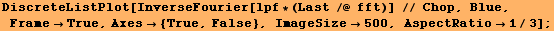 DiscreteListPlot[InverseFourier[lpf * (Last /@ fft)] // Chop, Blue, FrameTrue, Axes {True, False}, ImageSize500, AspectRatio1/3] ;