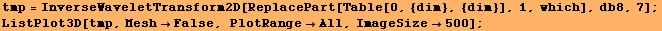 tmp = InverseWaveletTransform2D[ReplacePart[Table[0, {dim}, {dim}], 1, which], db8, 7] ; ListPlot3D[tmp, MeshFalse, PlotRangeAll, ImageSize500] ; 