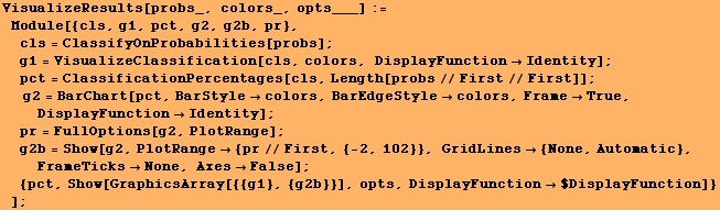 VisualizeResults[probs_, colors_, opts___] := Module[{cls, g1, pct, g2, g2b, pr}, > ... ct, Show[GraphicsArray[{{g1}, {g2b}}], opts, DisplayFunction$DisplayFunction]} ] ;