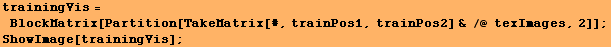 trainingVis = BlockMatrix[Partition[TakeMatrix[#, trainPos1, trainPos2] & /@ texImages, 2]] ; ShowImage[trainingVis] ; 