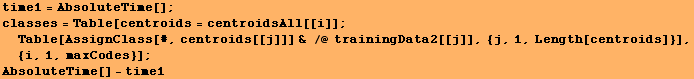 time1 = AbsoluteTime[] ; classes = Table[centroids = centroidsAll[[i]] ; Table[AssignClass[#,  ... mp; /@ trainingData2[[j]], {j, 1, Length[centroids]}], {i, 1, maxCodes}] ; AbsoluteTime[] - time1 