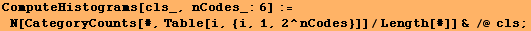 ComputeHistograms[cls_, nCodes_:6] := N[CategoryCounts[#, Table[i, {i, 1, 2^nCodes}]]/Length[#]] & /@ cls ;